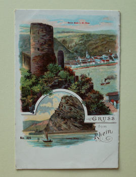 Postcard Litho PC Rhein castle Katz and St Goar 1900 Loreley Town architecture Rheinland Pfalz